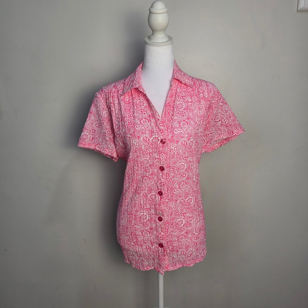 White Stag Womens Pink Paisley Seersucker Button Up Shirt Short Sleeve L 12-14